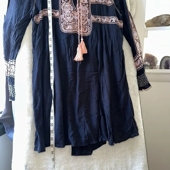 Free People Tunic Dress M Boho Black Embroidered Tassel Peasant LS Top‎ Paisley - Picture 10 of 10